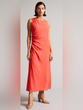 Ted Baker London Luissaa Sleeveless Ruched Side Midi Dress. Pink & Orange Size 2